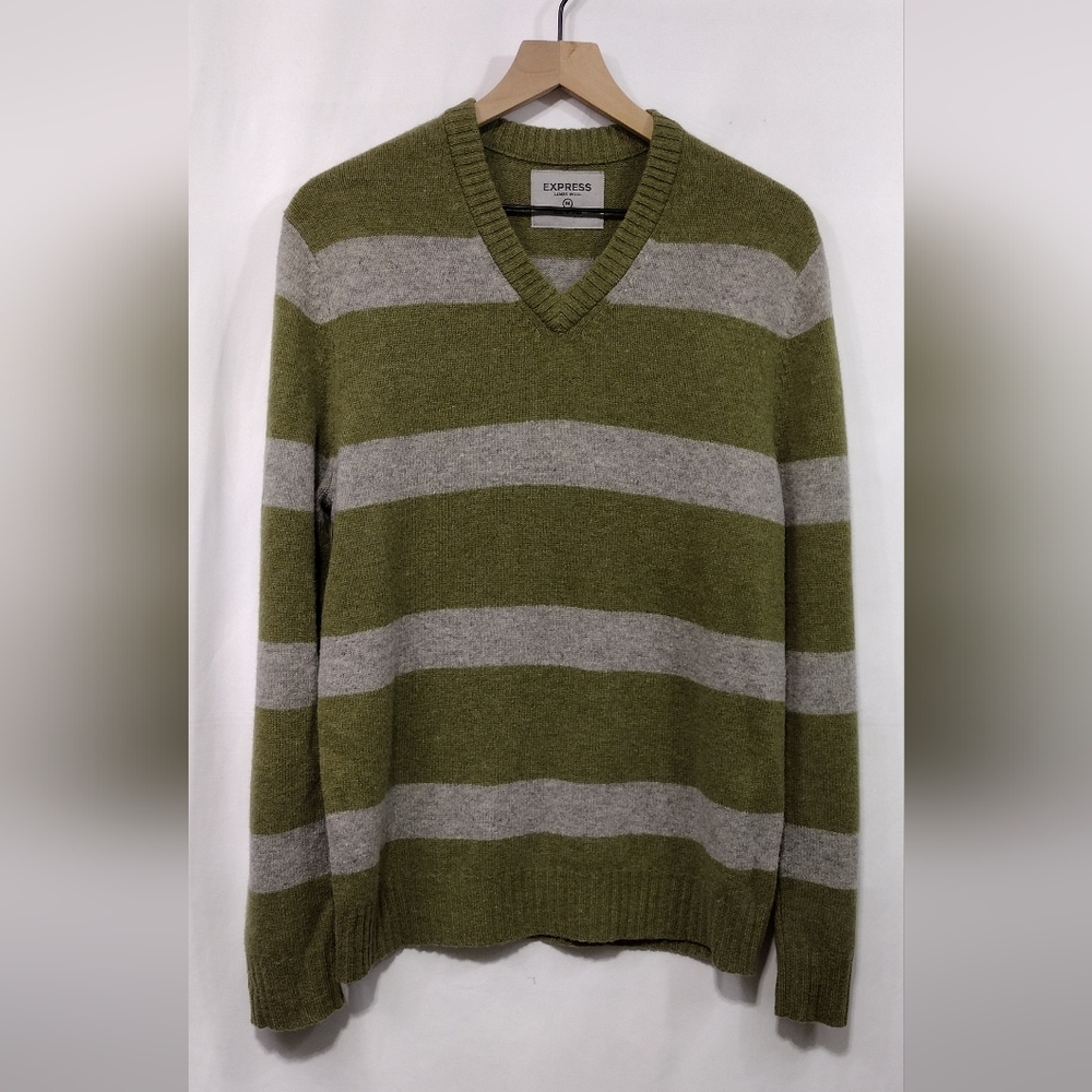 Vintage Express Lambs Wool Stripped Sweater Men's M Green Gray Boho Retro Casual
